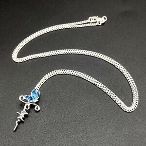 925 Silver Necklace w/ Blue Butterfly Faith Cross Pendant Anniversary Birthday